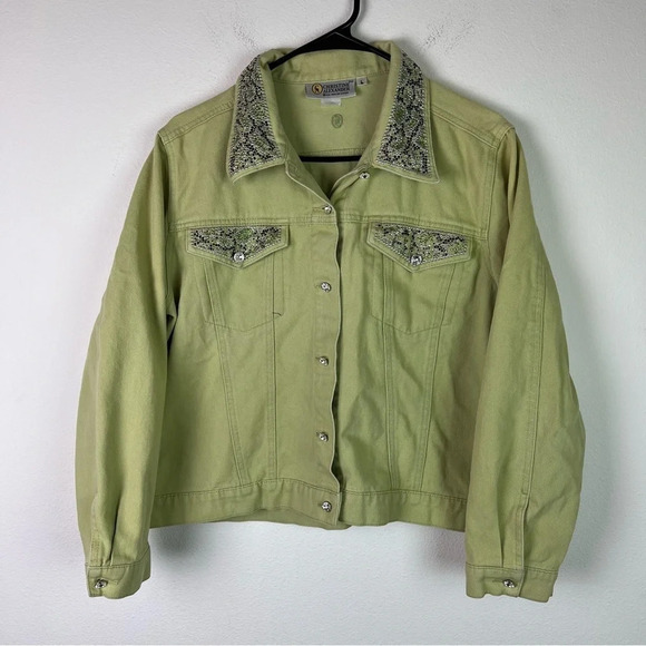 Christine Alexander Denim Jacket Bedazzled Size Large Bright Green Button Up - Picture 1 of 7
